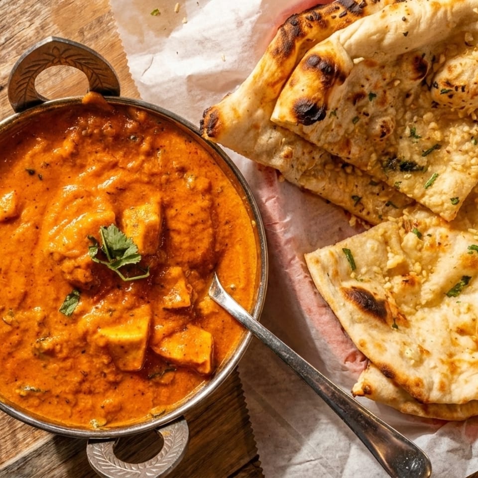 Indian butter chicken or paneer curry in a metal bowl with garlic naan bread on a wooden table.