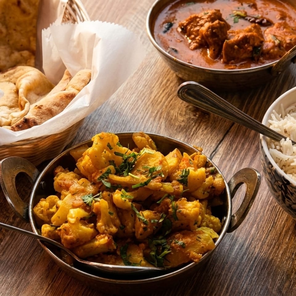 Indian meal with naan bread, chicken curry, aloo gobi, and basmati rice on a wooden table.