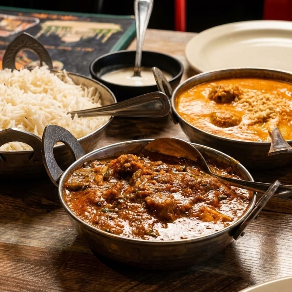 Three bowls of Indian curry and rice, with a side of raita, on a wooden table.