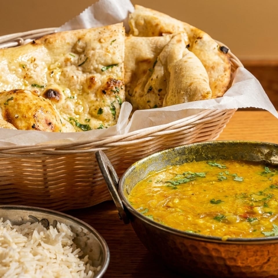 A basket of naan bread, a bowl of yellow lentil dal, and a bowl of white rice.