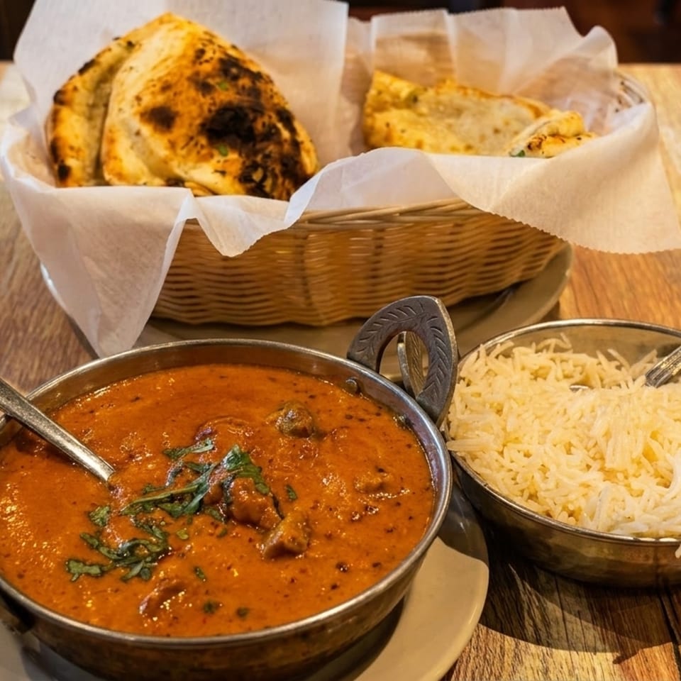 Indian butter chicken, basmati rice, and naan bread served on a rustic wooden table.